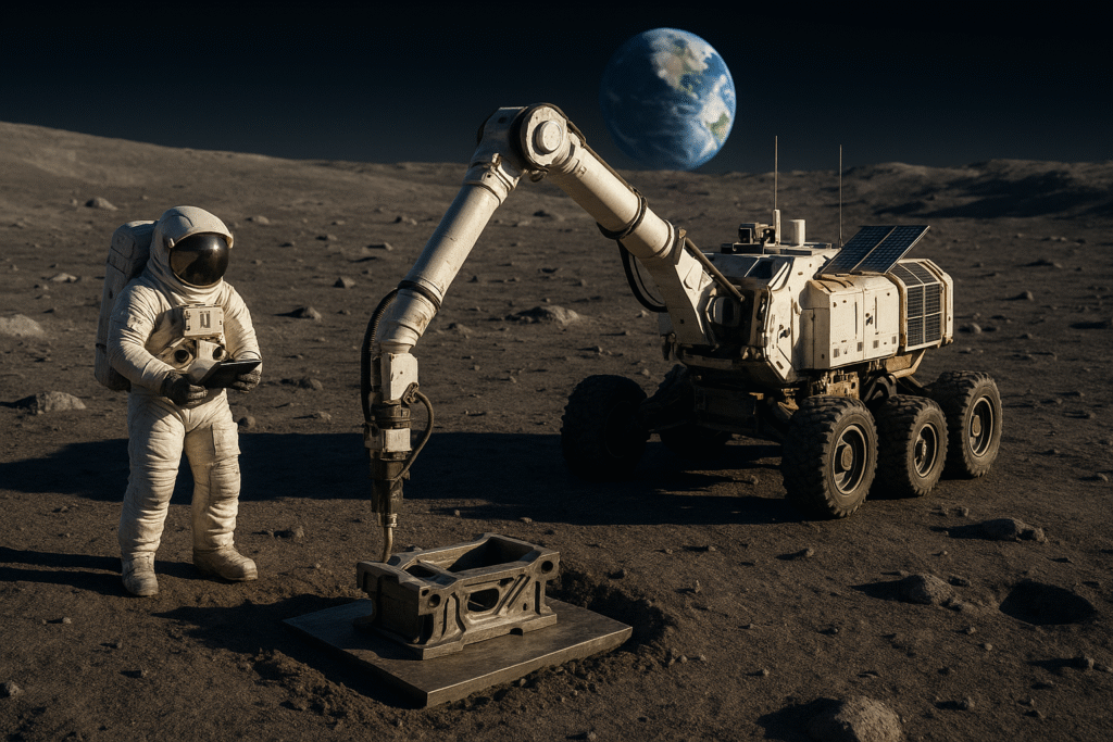 ChatGPT Image 2025年7月13日 18_10_26 月面で大型ロボットアームを備えた自律型3Dプリンターが、宇宙服を着た作業員の監視のもと、機械部品の基礎構造を造形している様子を俯瞰で捉えたリアルな描写。